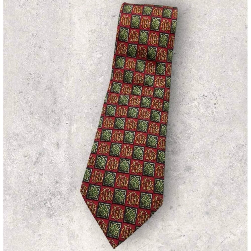 CHRISTIAN DIOR Silk Tie FRANCE Red Gold Monogram CD Baroque W:3.8" EUC - Picture 1 of 7